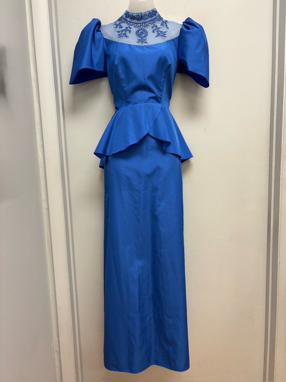 Vintage ILGWU Royal Blue Peplum Gown Embroidered Neck Puff Sleeve Dress